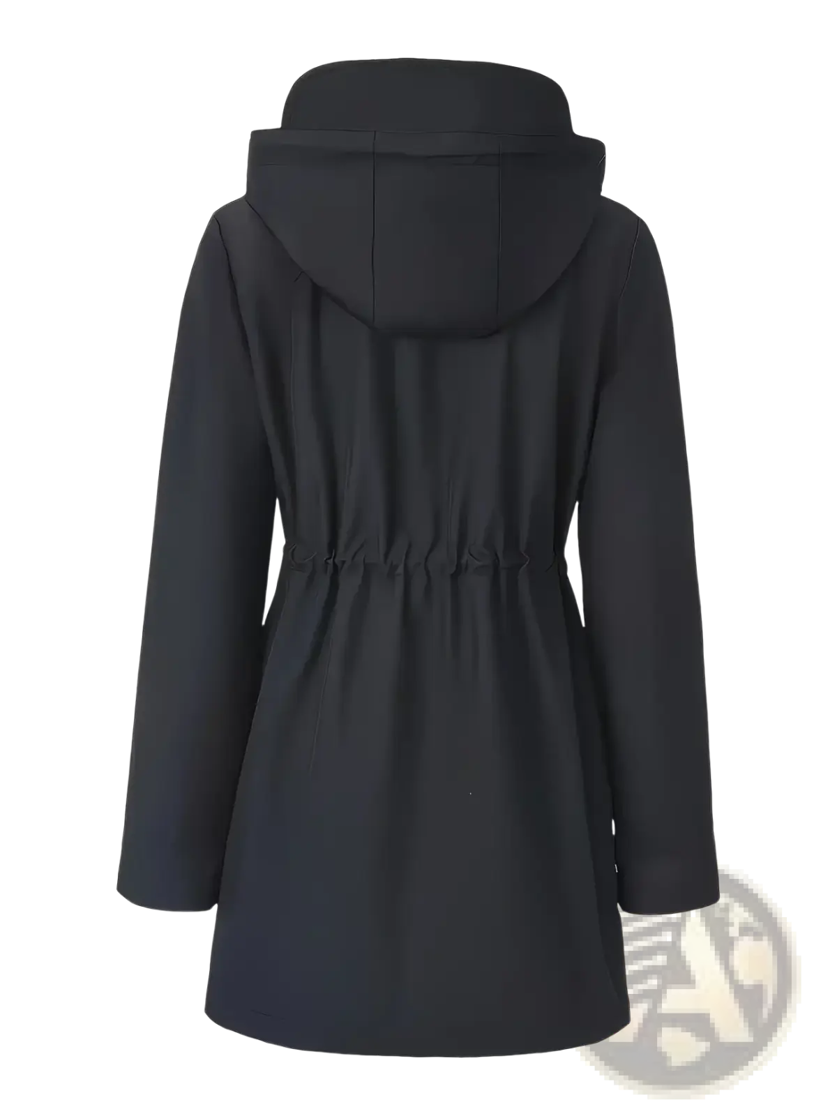 Black hooded trench coat for women with cinched waist and smooth water-resistant fabric for waterproof protection