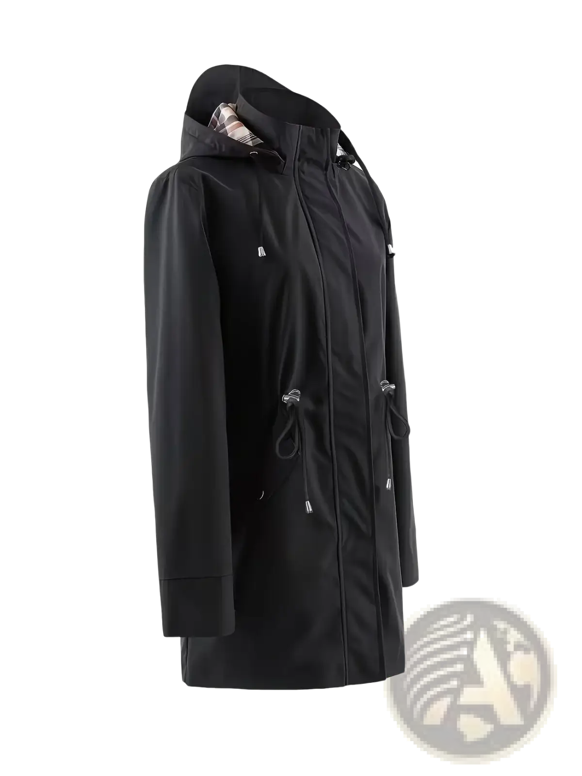Women waterproof hooded trench coat in black with plaid-lined hood and silver-toned zipper pulls