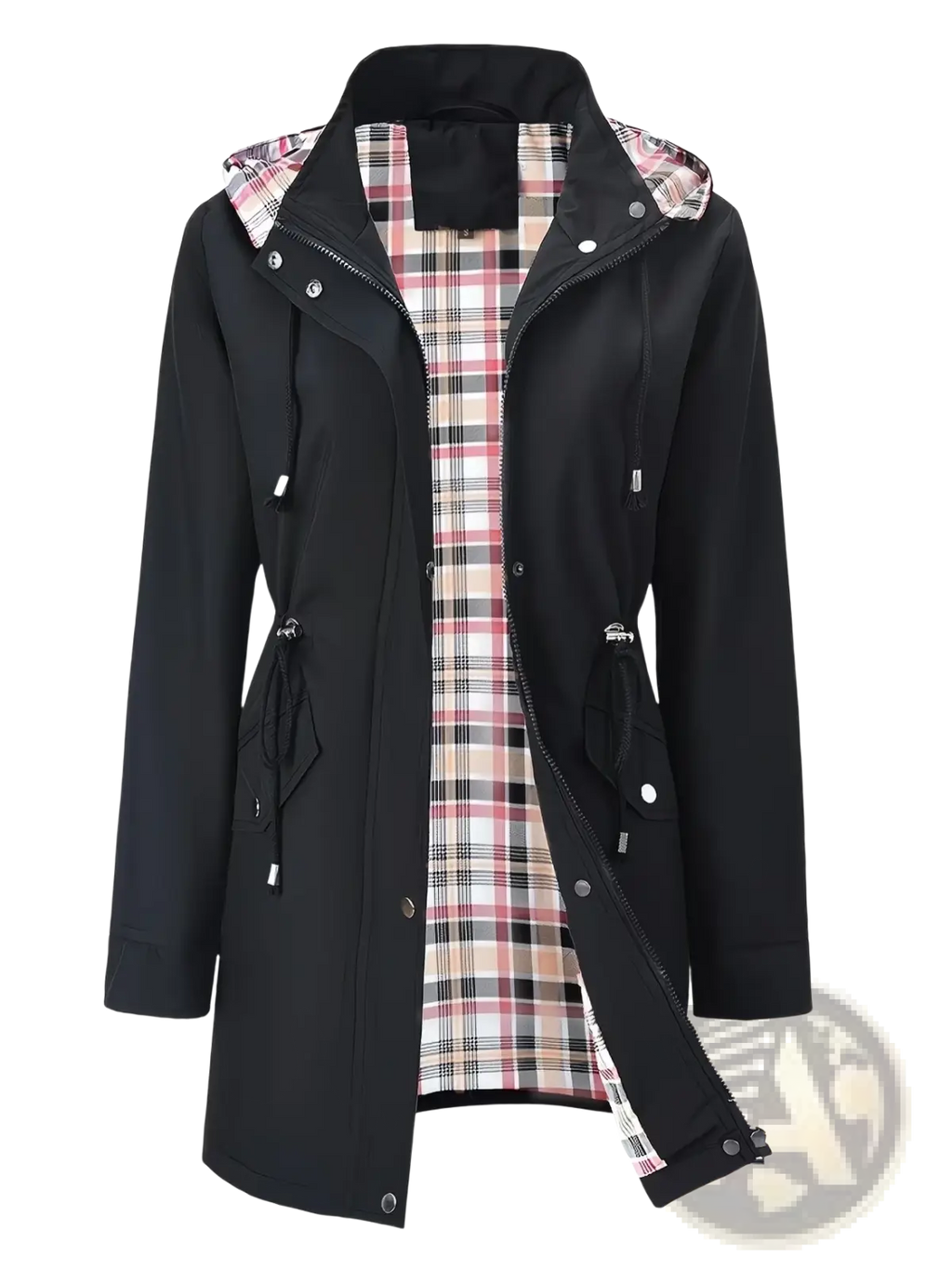 Women waterproof hooded trench coat in black with plaid-lined hood and front pockets made of waterproof material