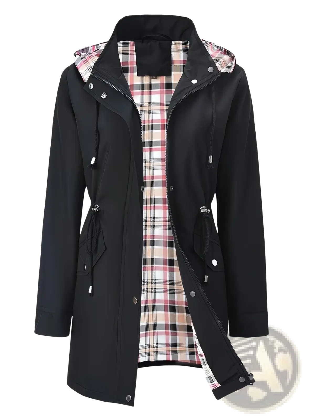 Women waterproof hooded trench coat in black with plaid-lined hood and front pockets made of waterproof material