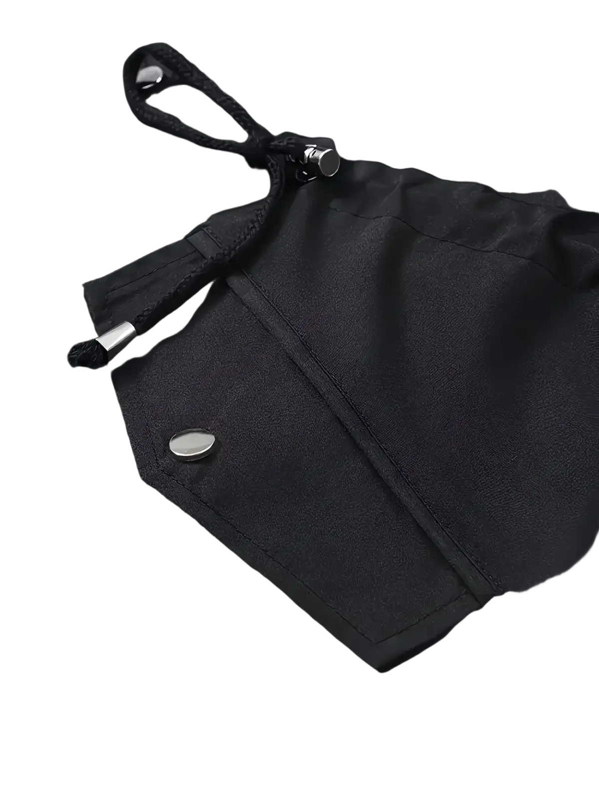 Black nylon waterproof women hooded trench coat with drawstring hood and silver-toned metal hardware visible from back