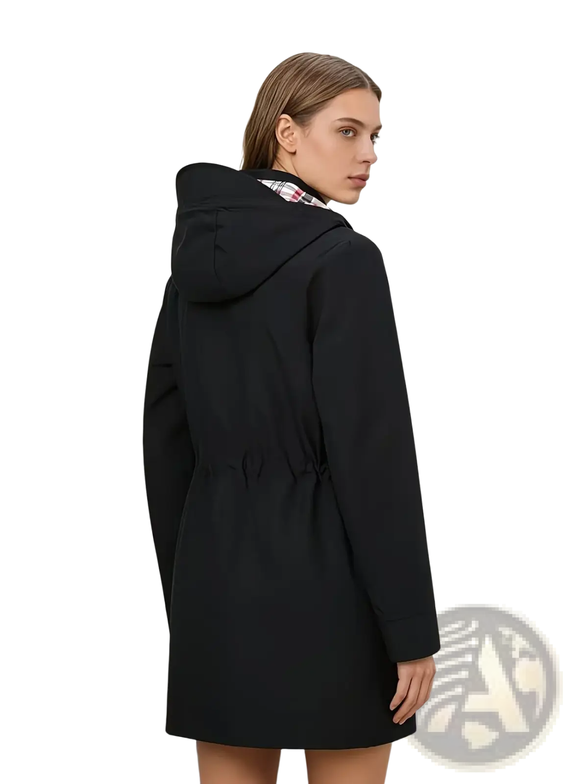 Black waterproof hooded trench coat for women with a plaid collar and drawstring waist for adjustable fit