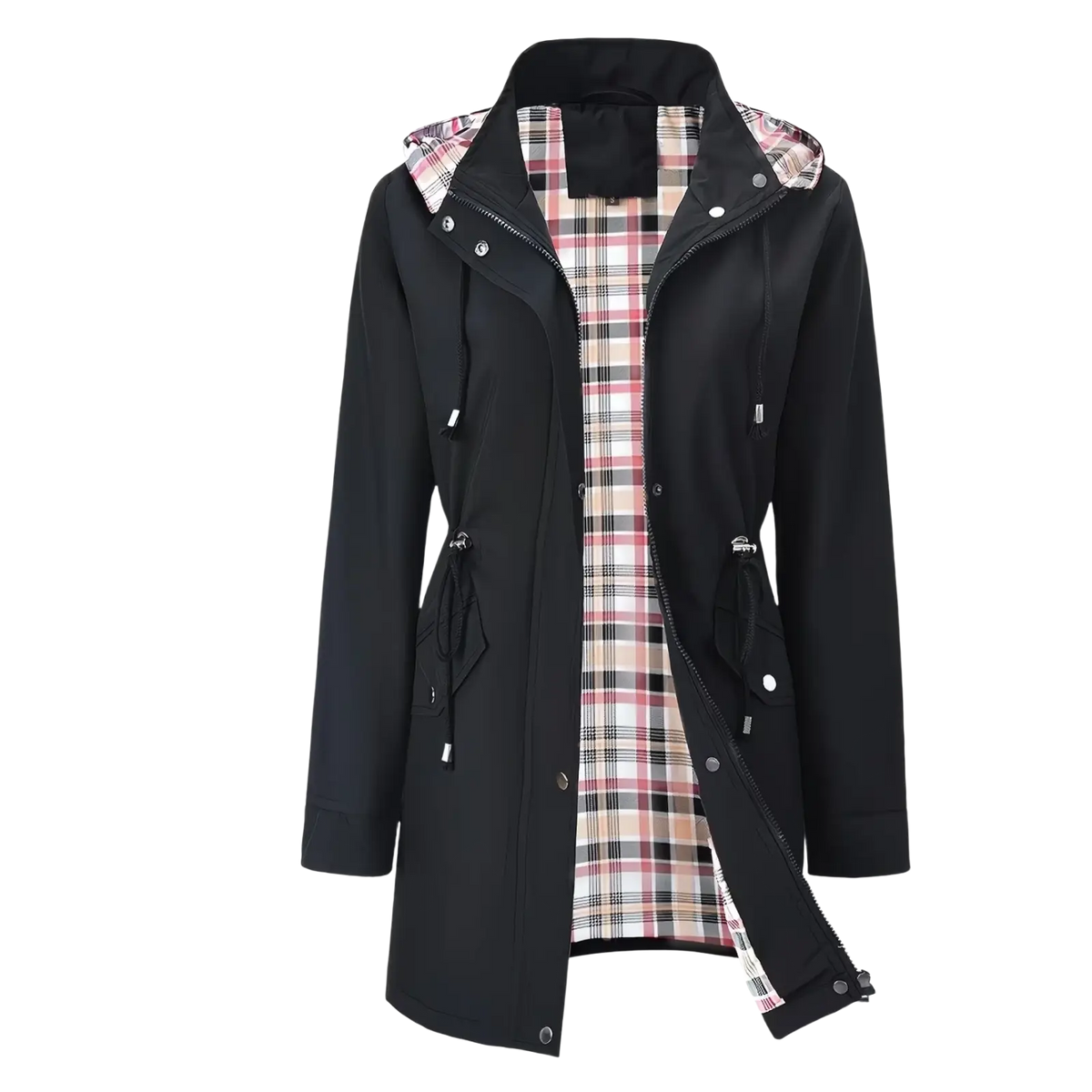 Women waterproof hooded trench coat in black with plaid pink white and beige interior lining shown from the back side