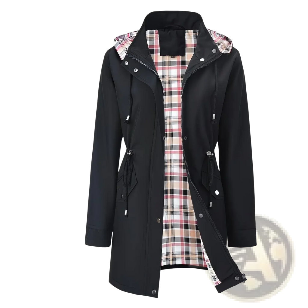 Women waterproof hooded trench coat in black with plaid pink white and beige interior lining shown from the back side