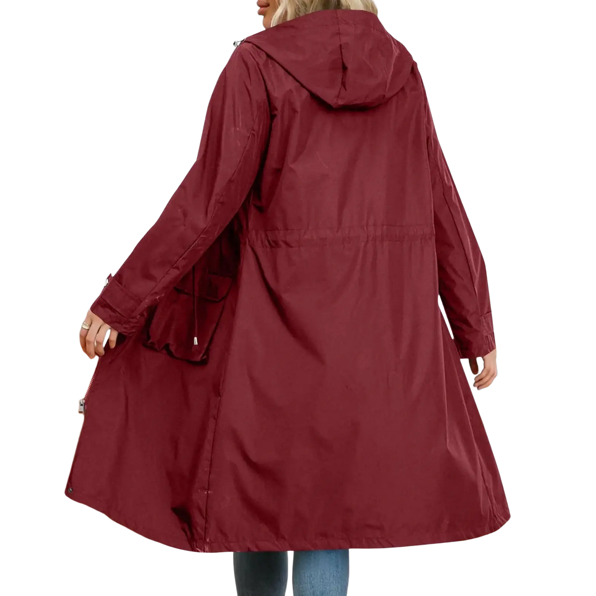 A maroon waterproof hooded trench coat for women with a drawstring waist and durable fabric