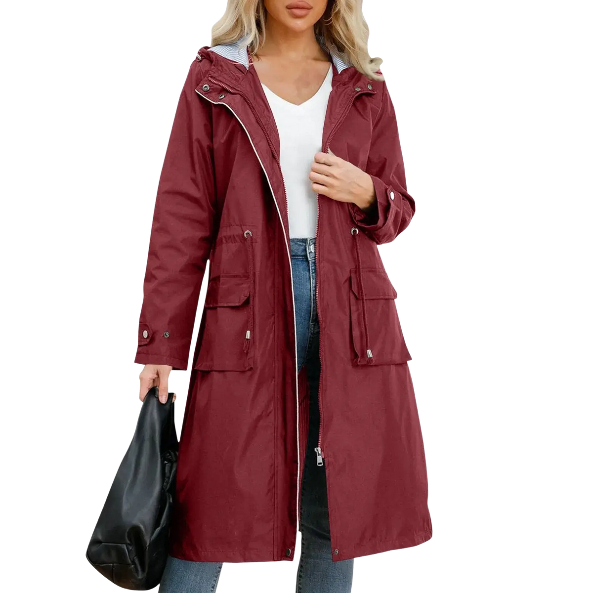 Women waterproof hooded trench coat in maroon with front zipper closure and two large side pockets