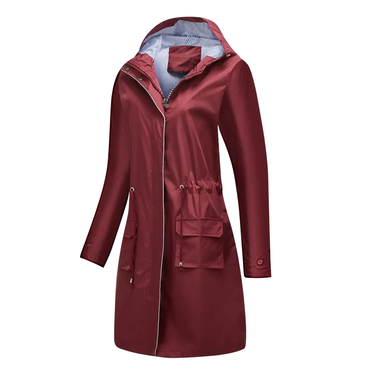 Women waterproof hooded trench coat maroon with front zipper closure and two side pockets made from waterproof material