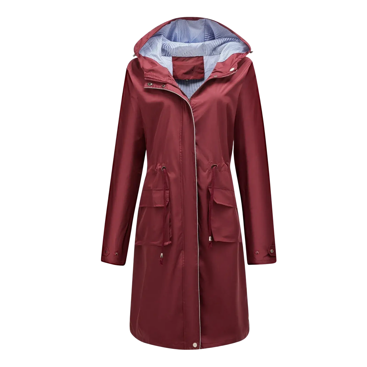 Women waterproof hooded trench coat maroon with striped blue and white hood lining, front zipper, pockets, and buttoned cuffs