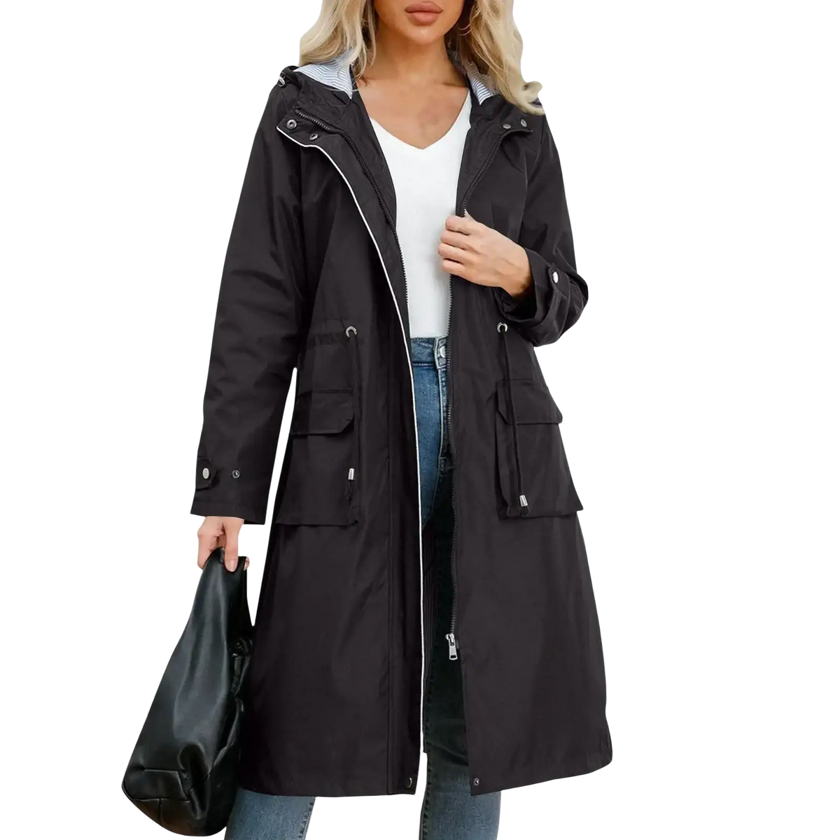 Black waterproof hooded trench coat with front zipper and large pockets for women suitable for rainy weather
