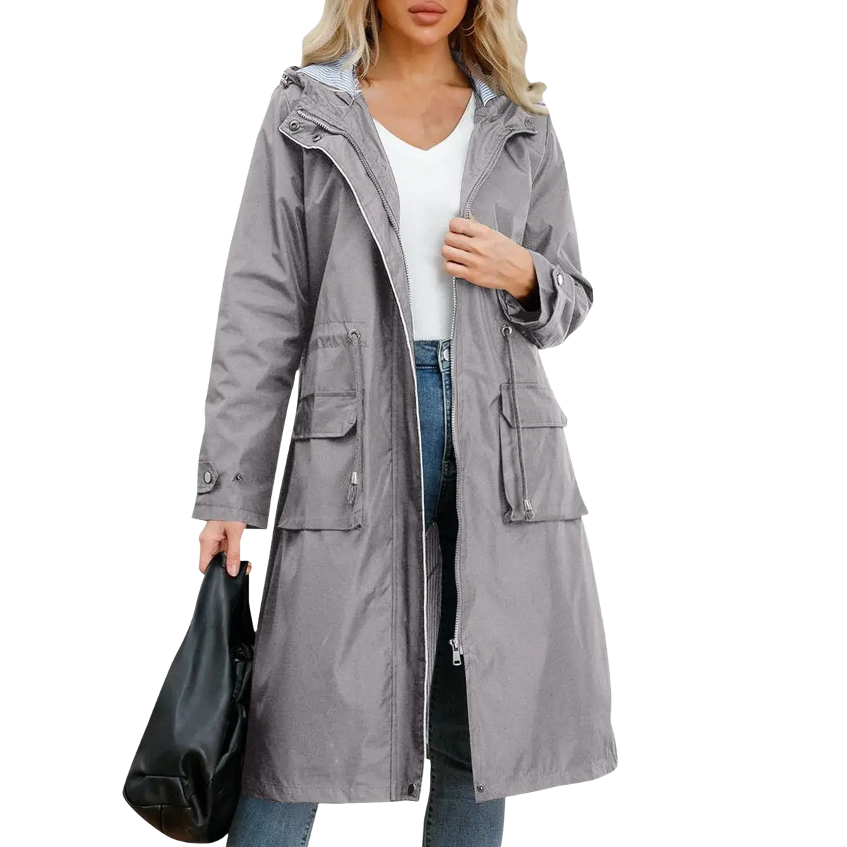 Gray waterproof trench coat for women with hood front zipper closure and two large side pockets designed for rainy weather