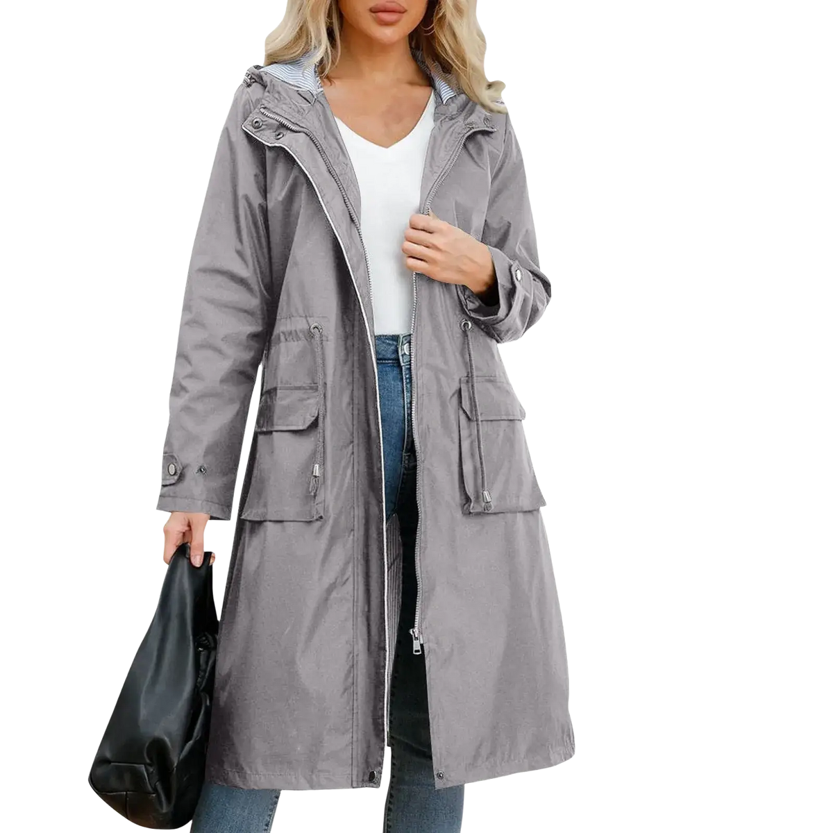 Women waterproof hooded trench coat in gray with front zipper closure and two large side pockets for outdoor use