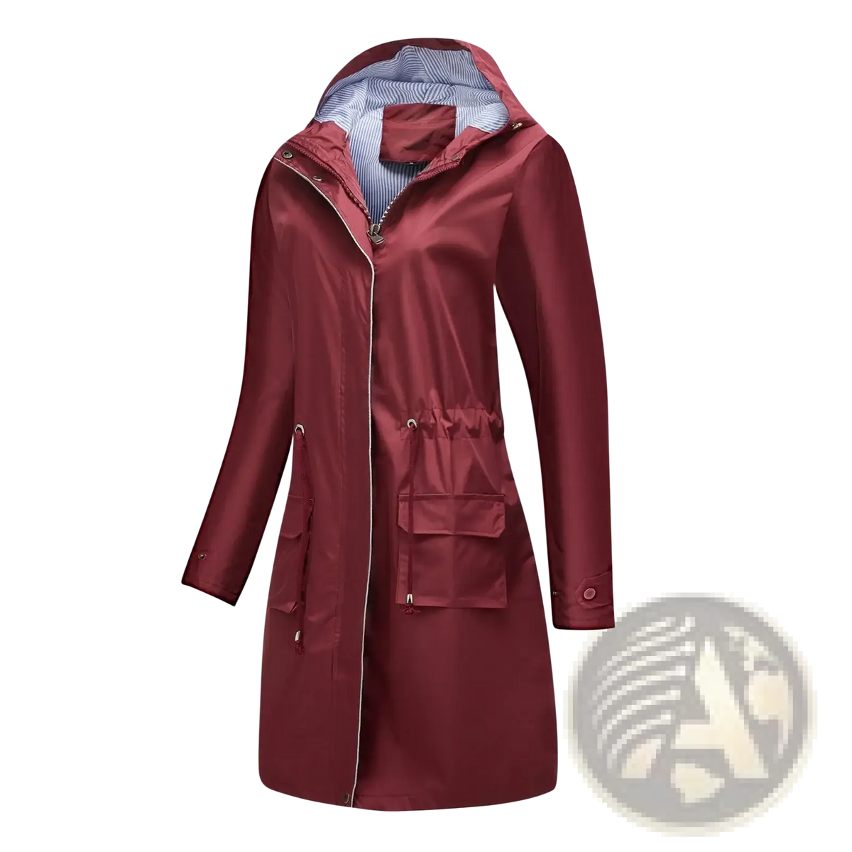 Women waterproof hooded trench coat maroon with front zipper closure and two side pockets made from waterproof material