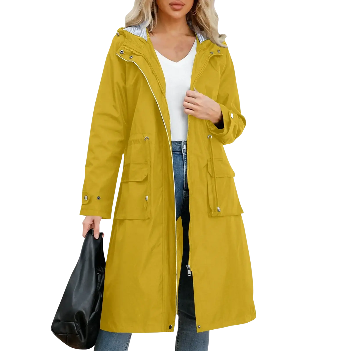 A mustard-yellow waterproof hooded trench coat for women with long sleeves and front pockets
