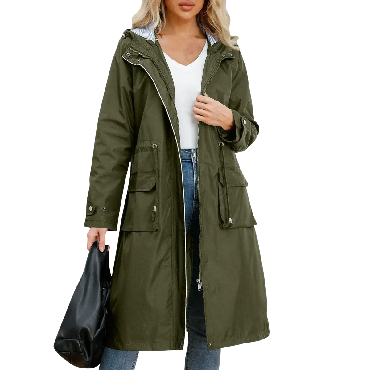 Olive green waterproof trench coat for women with hood and front zipper closure designed for rainy weather use