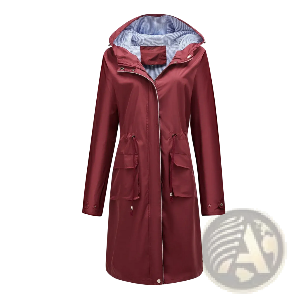 Women waterproof hooded trench coat maroon with striped blue and white hood lining, front zipper, pockets, and buttoned cuffs
