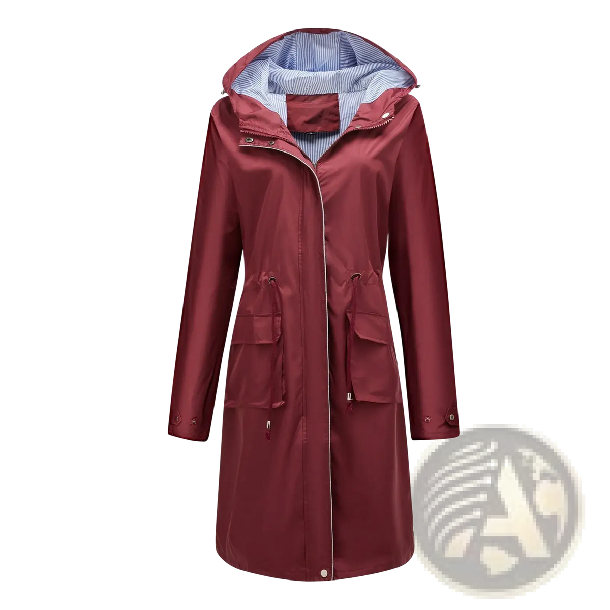 Women waterproof hooded trench coat maroon with striped blue and white hood lining, front zipper, pockets, and buttoned cuffs