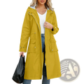 A mustard-yellow waterproof hooded trench coat for women with long sleeves and front pockets