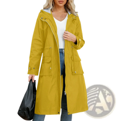 A mustard-yellow waterproof hooded trench coat for women with long sleeves and front pockets