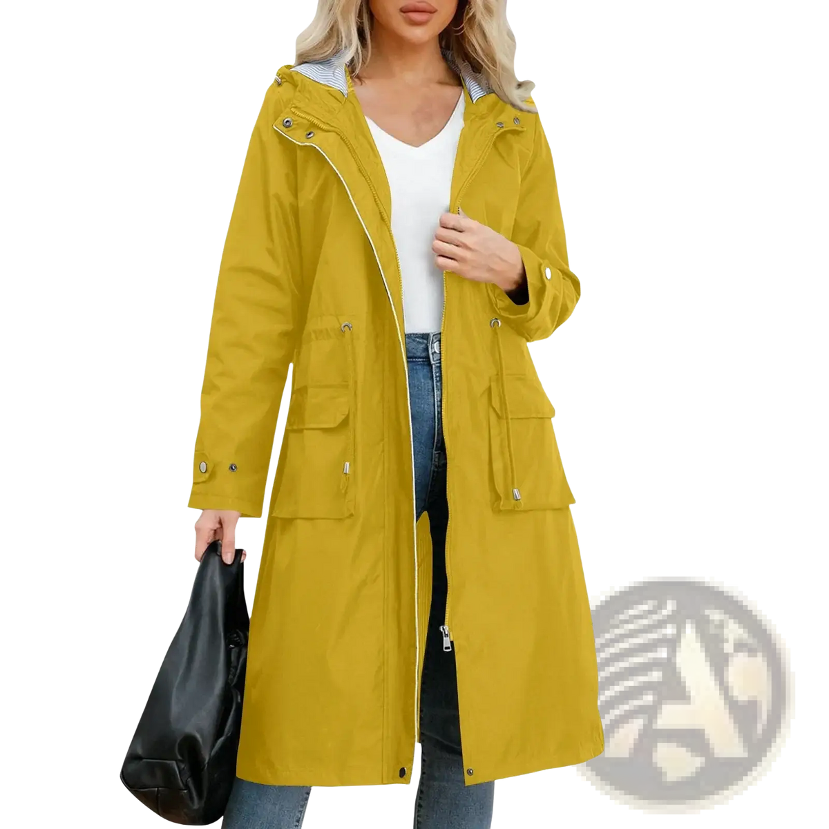A mustard-yellow waterproof hooded trench coat for women with long sleeves and front pockets