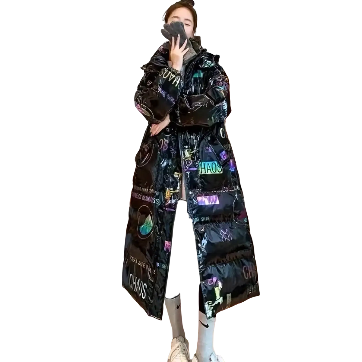 Women waterproof long puffer parka jacket in black glossy material with vibrant graffiti-style print on the back