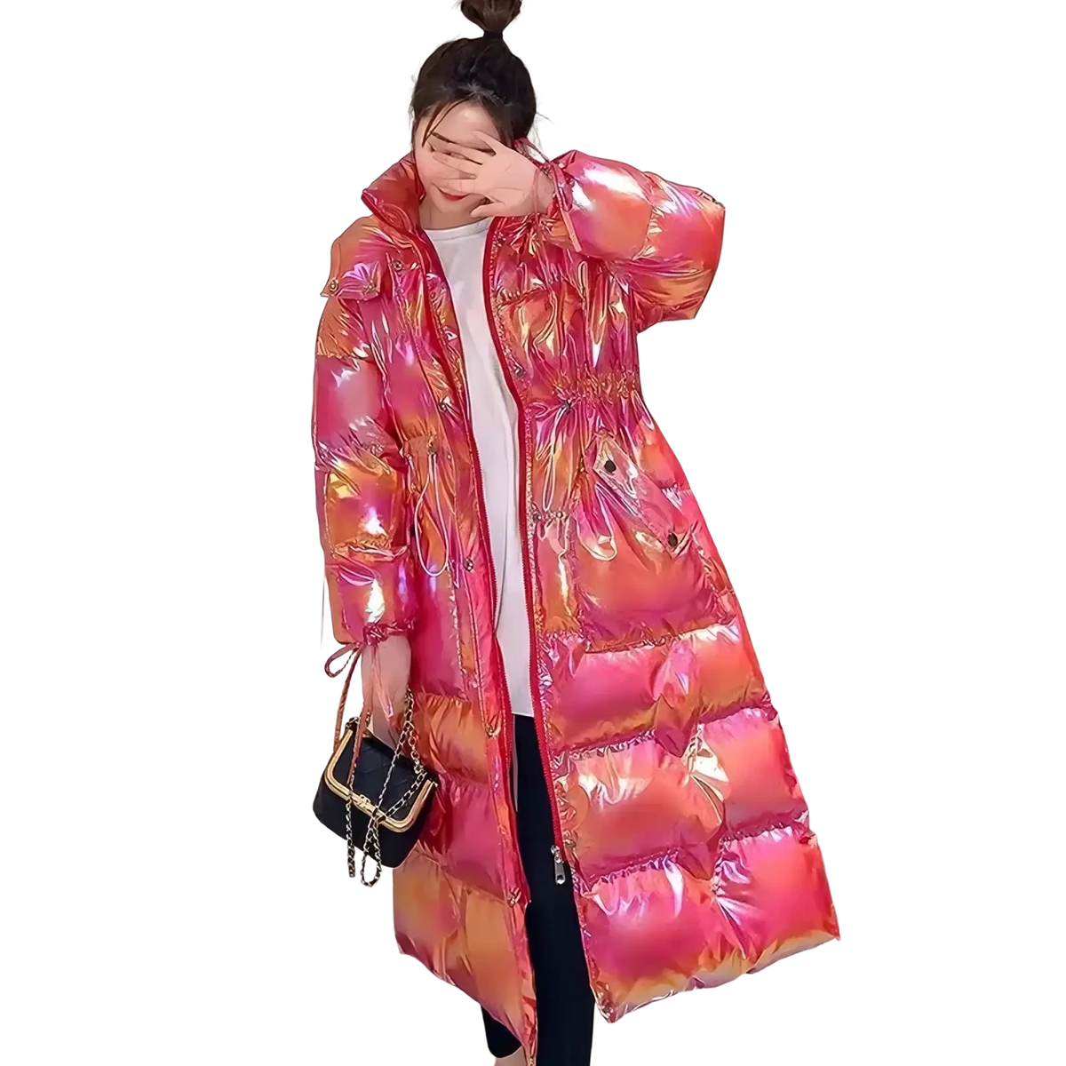 Women waterproof long puffer parka jacket with a shimmering gradient of pink and orange holographic foil reflecting light
