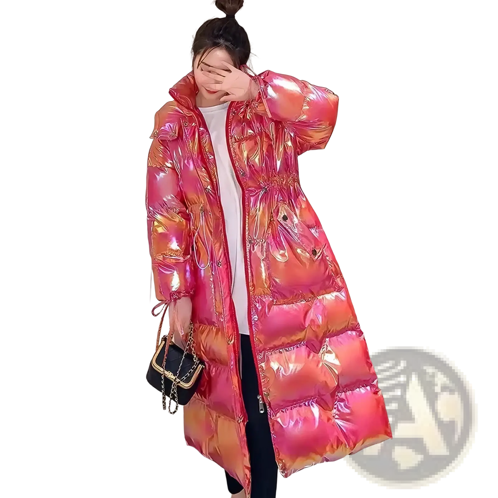 Women waterproof long puffer parka jacket with a shimmering gradient of pink and orange holographic foil reflecting light