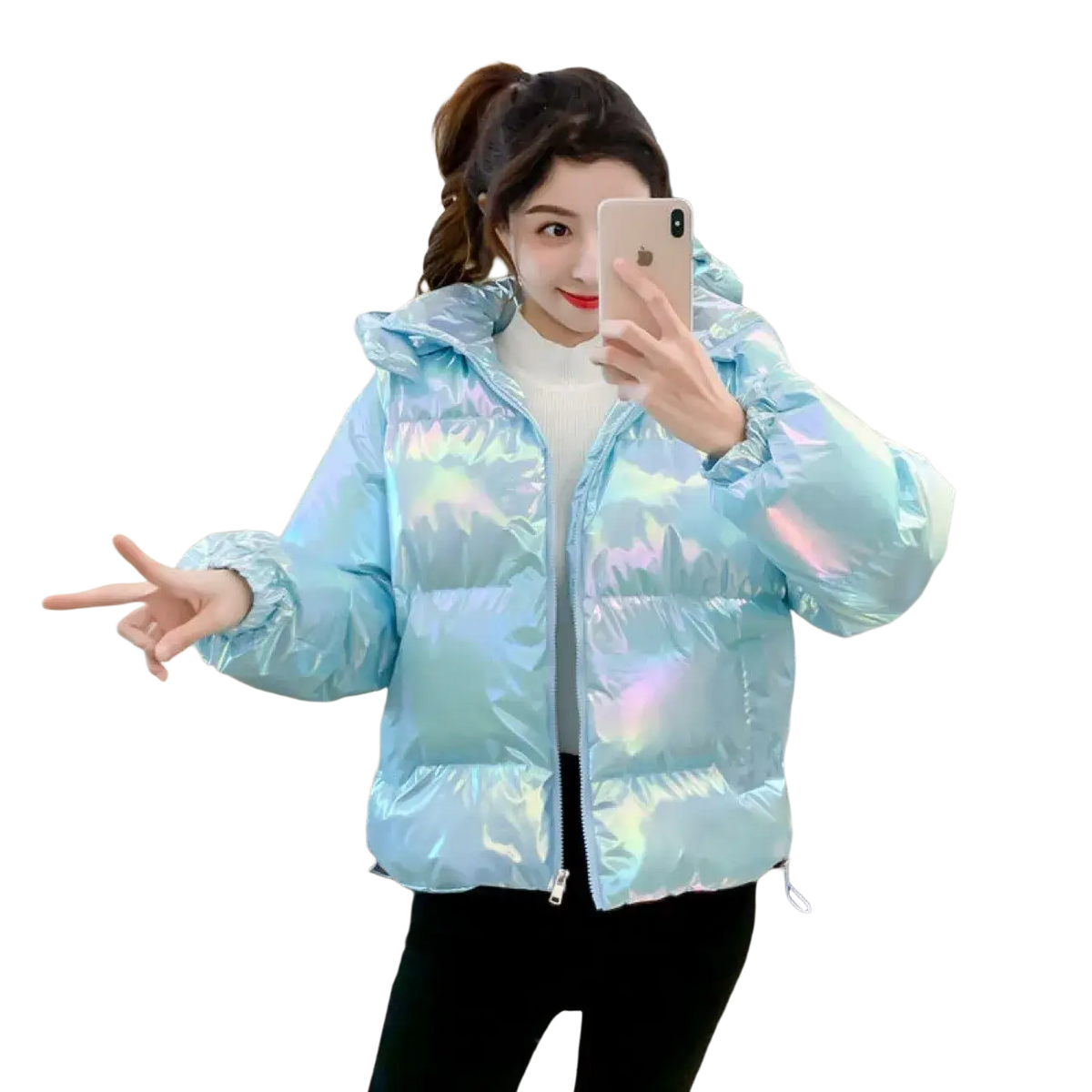 Iridescent light blue waterproof women long puffer parka jacket with shiny reflective surface and quilted design
