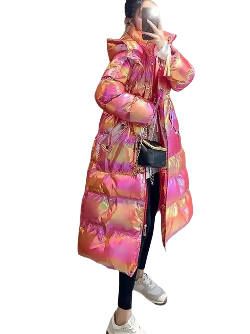 A long iridescent pink and gold waterproof women’s puffer parka jacket with a hood and quilted design