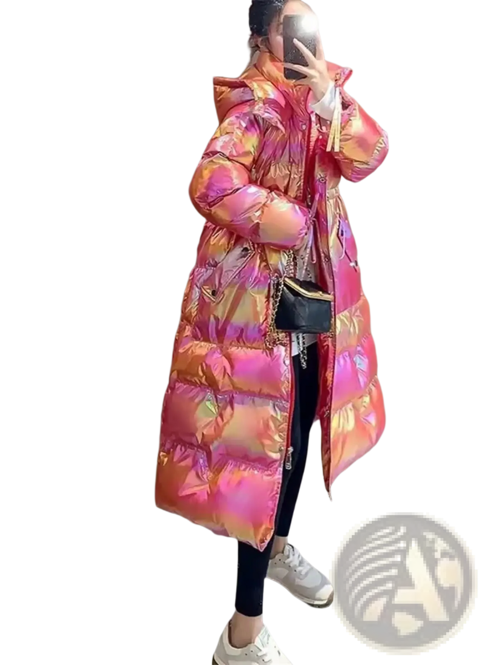 A long iridescent pink and gold waterproof women’s puffer parka jacket with a hood and quilted design
