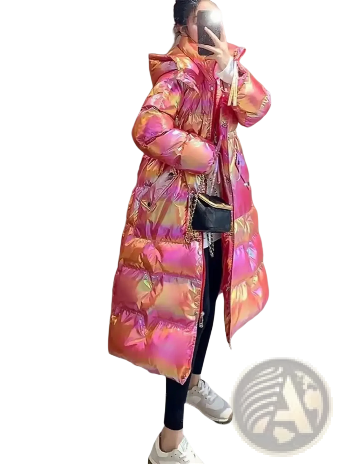 A long iridescent pink and gold waterproof women’s puffer parka jacket with a hood and quilted design