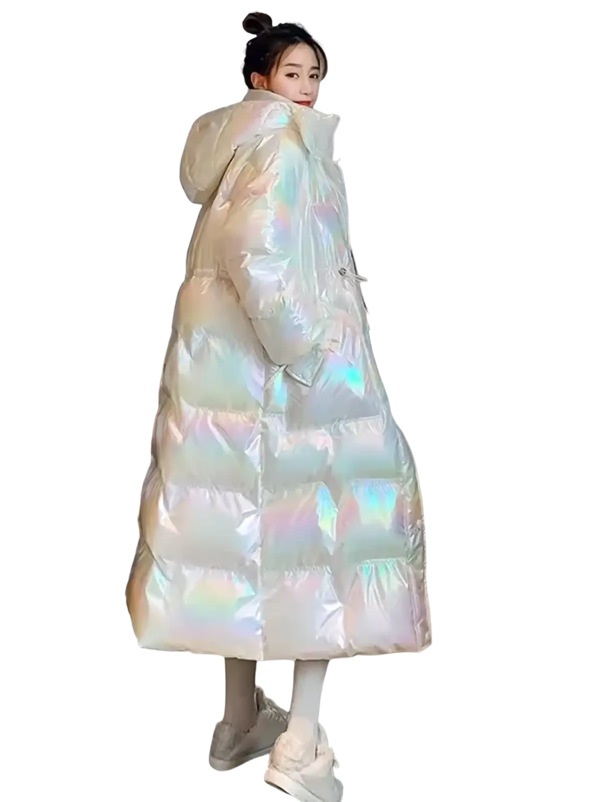 Iridescent white waterproof women long puffer parka jacket with hood and quilted design for cold weather use