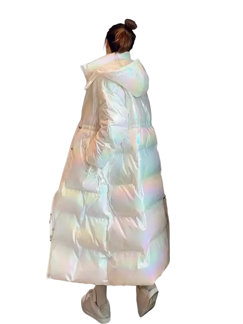 A long iridescent white waterproof puffer parka jacket with hood and quilted design for women
