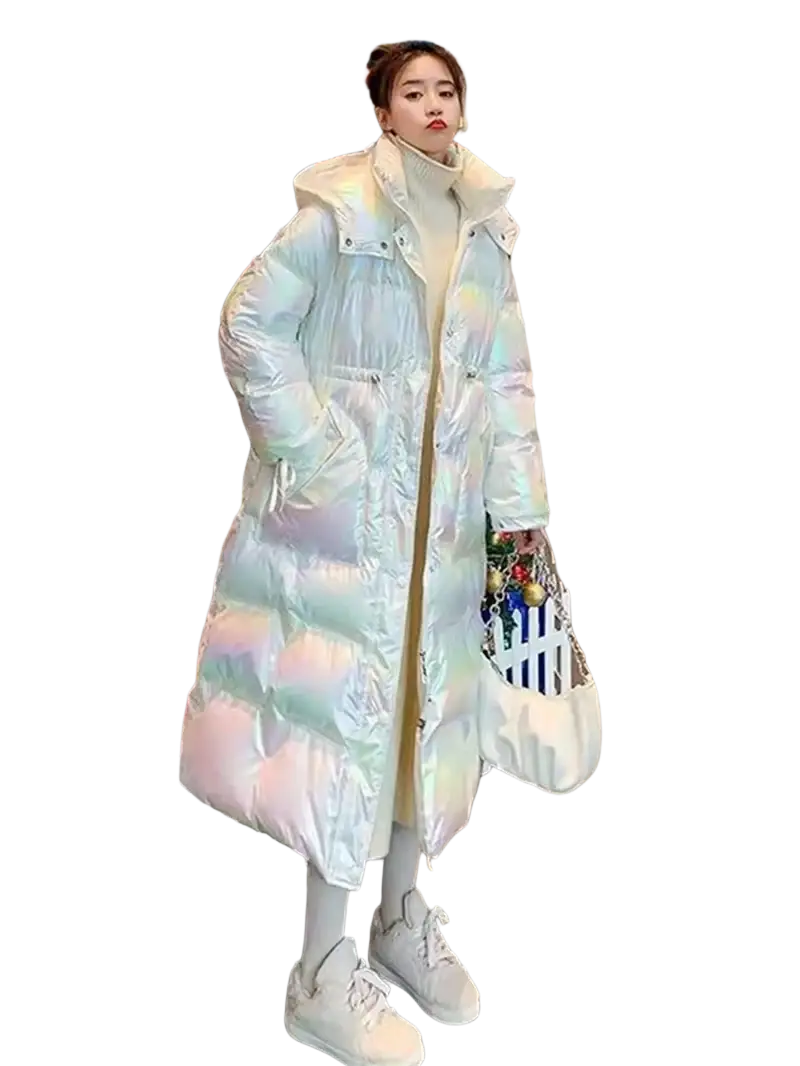 Women waterproof long puffer parka jacket in iridescent white with hood and quilted design for cold weather use