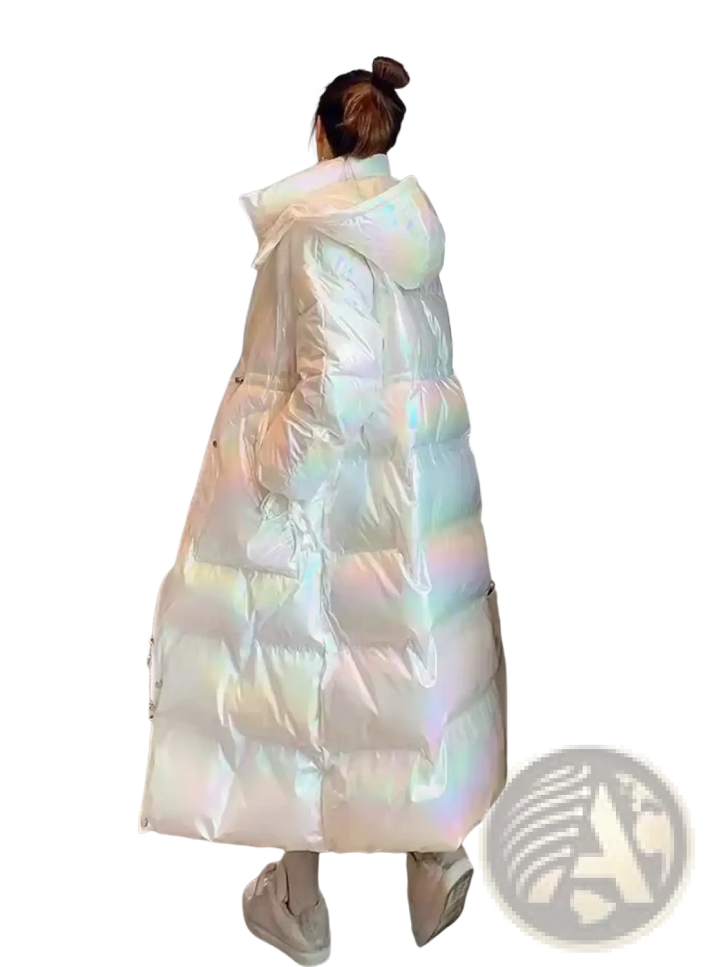 A long iridescent white waterproof puffer parka jacket with hood and quilted design for women
