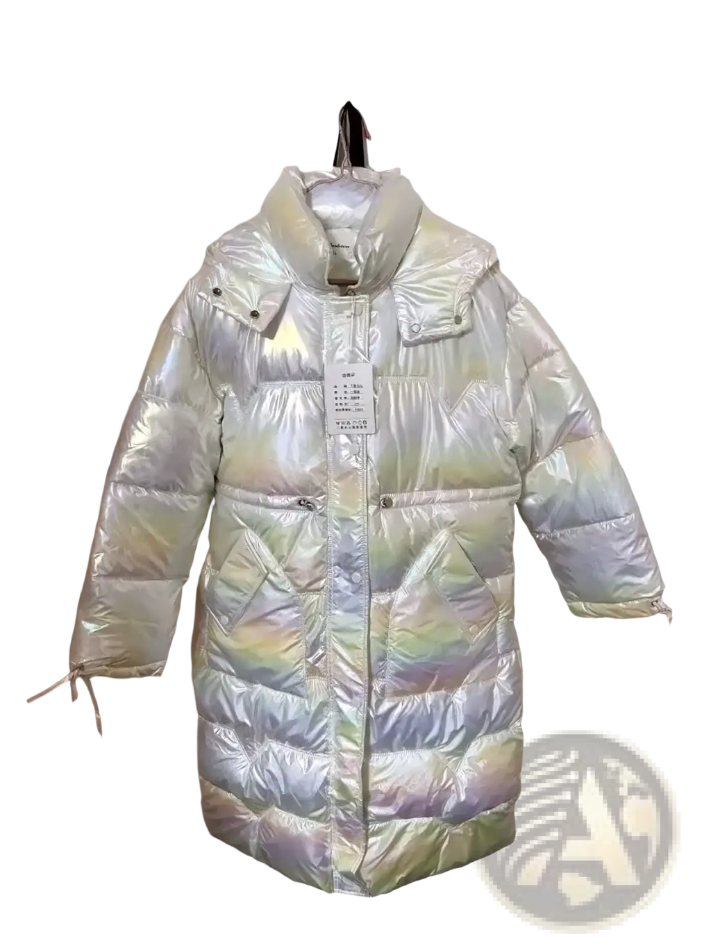 Women waterproof long puffer parka jacket in shimmering iridescent white with quilted design and hood hanging on door