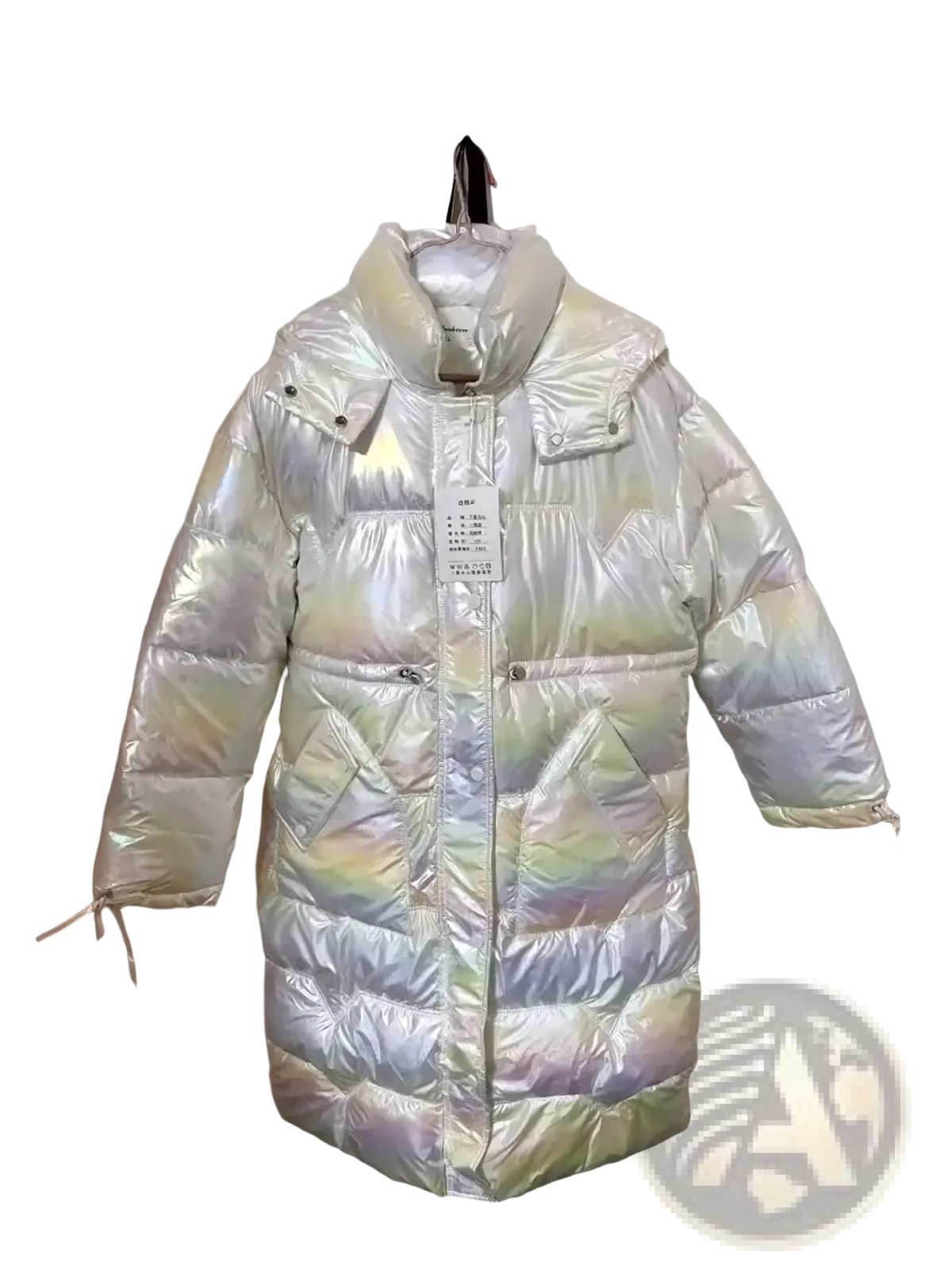 Women waterproof long puffer parka jacket in shimmering iridescent white with quilted design and hood hanging on door