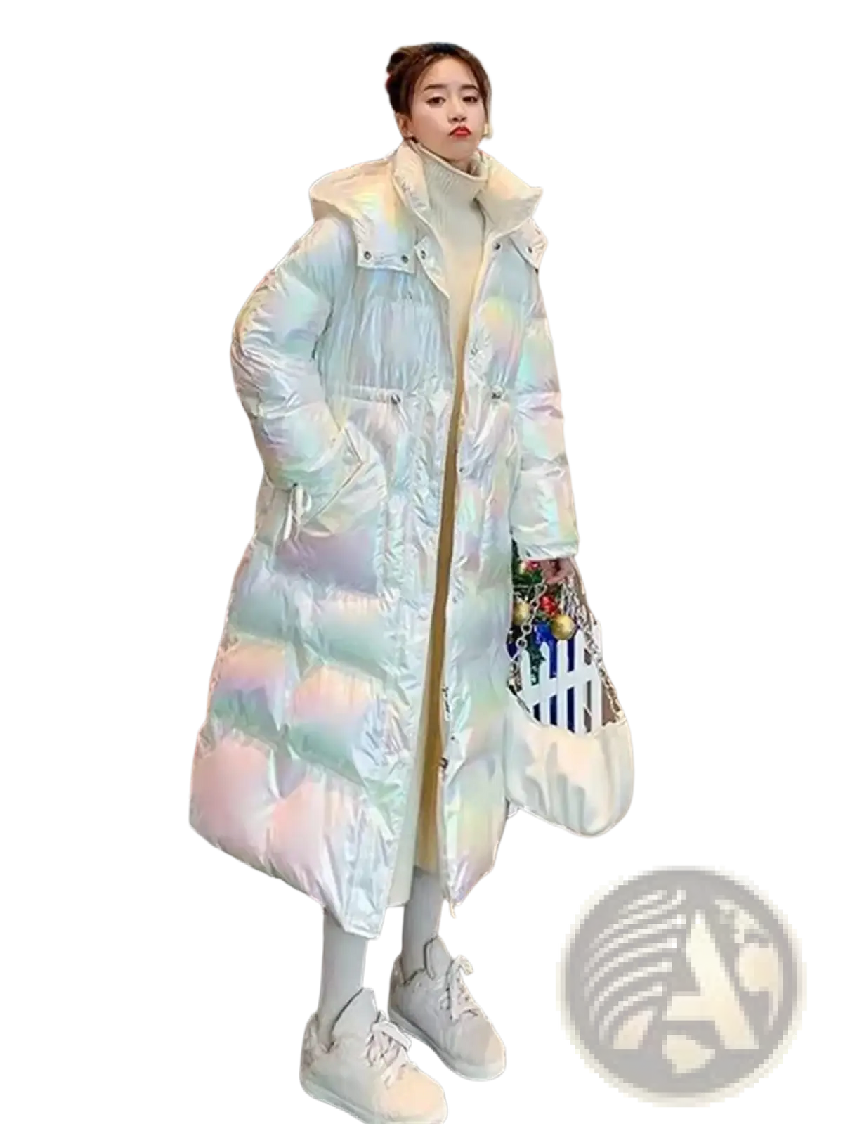 Women waterproof long puffer parka jacket in iridescent white with hood and quilted design for cold weather use
