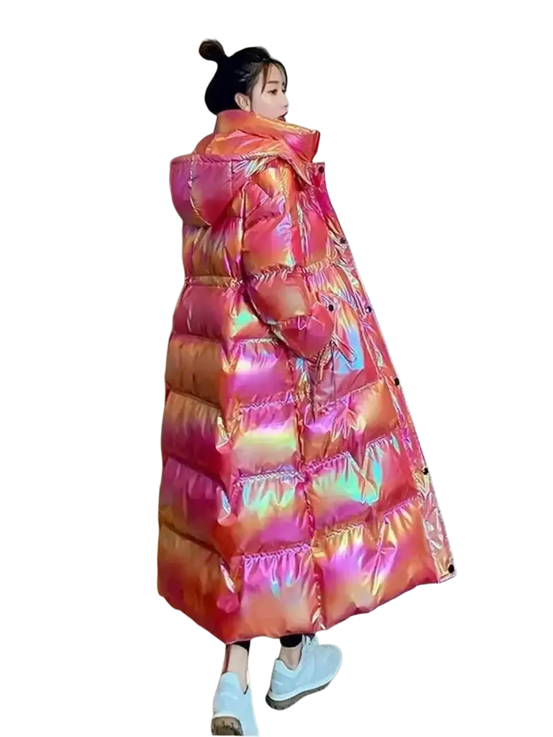 Women waterproof long puffer parka jacket in vibrant iridescent pink and orange with shiny reflective surface
