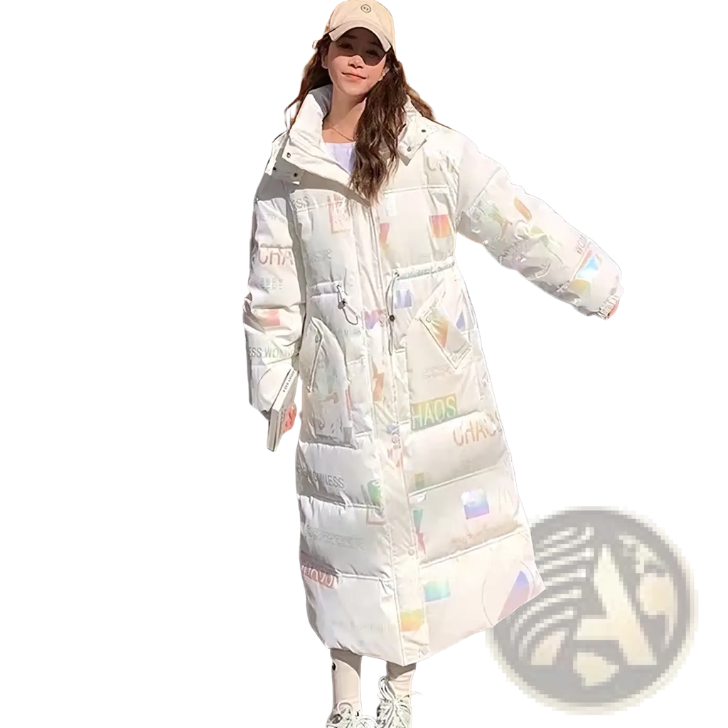 Women waterproof long white puffer parka jacket with quilted design and colorful abstract lettering patterns