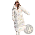 Women waterproof long white puffer parka jacket with quilted design and colorful abstract lettering patterns