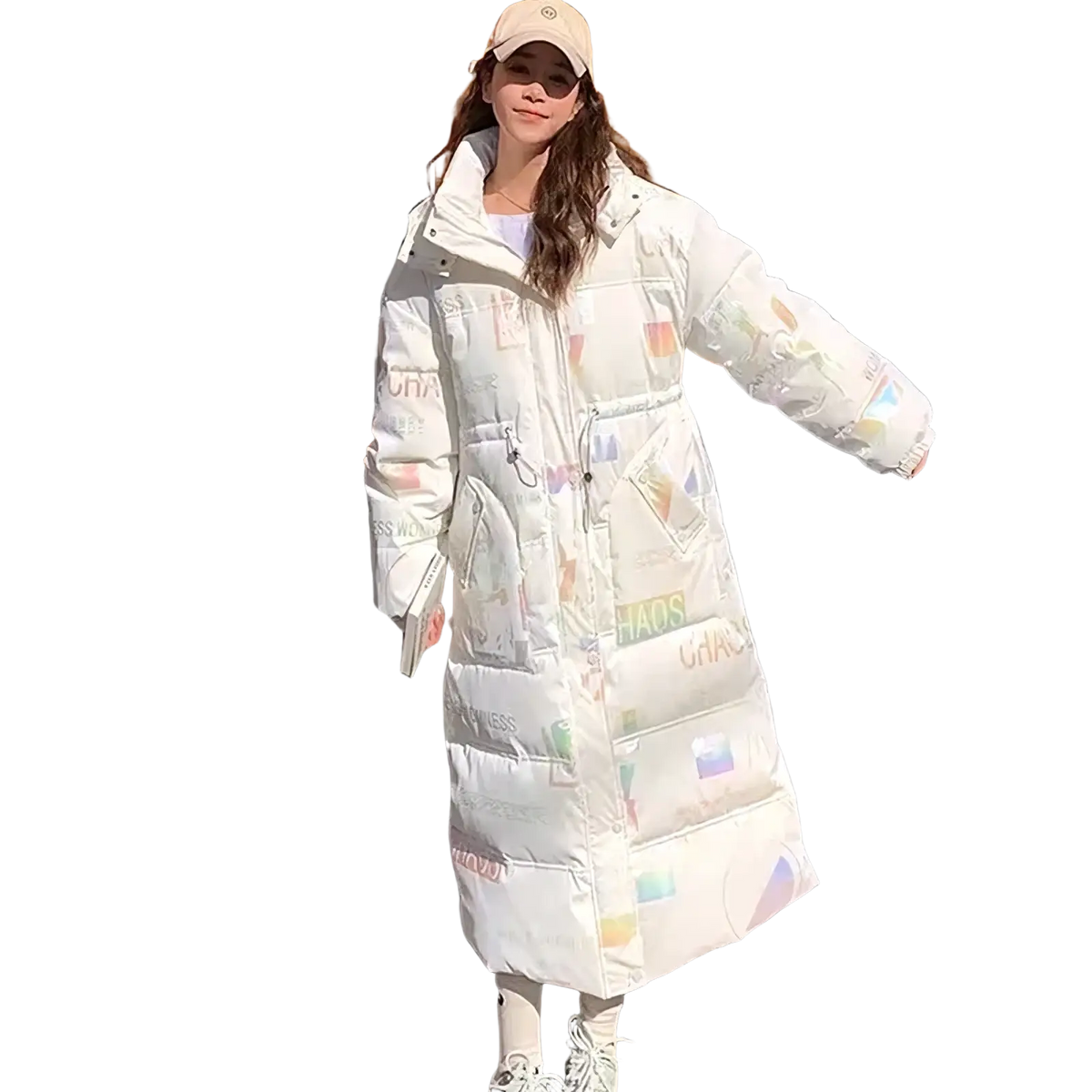 Women waterproof long white puffer parka jacket with quilted design and colorful abstract lettering patterns