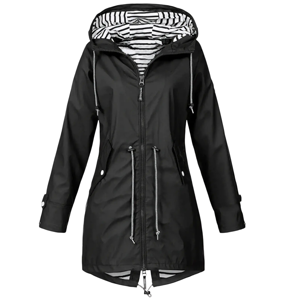 Women waterproof raincoat trench jacket in black with striped interior lining and silver zipper accents