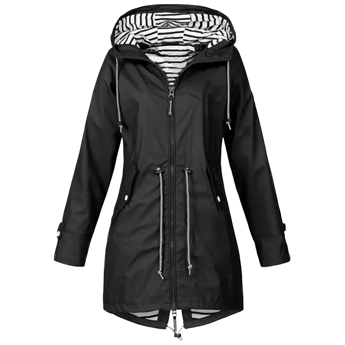 Women waterproof raincoat trench jacket in black with a hood, striped interior lining, and silver zipper accents
