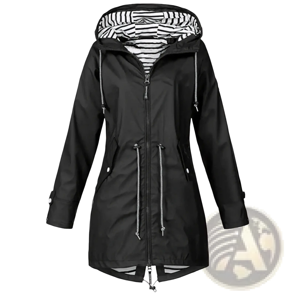 Women waterproof raincoat trench jacket in black with a hood, striped interior lining, and silver zipper accents