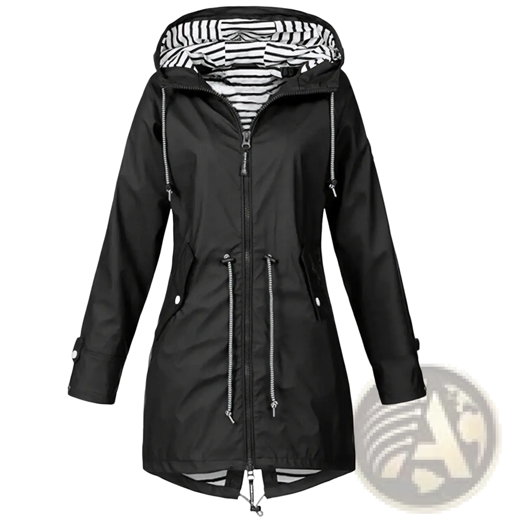 Women waterproof raincoat trench jacket in black with striped interior lining and silver zipper accents