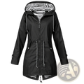 Women waterproof raincoat trench jacket in black with striped interior lining and silver zipper accents
