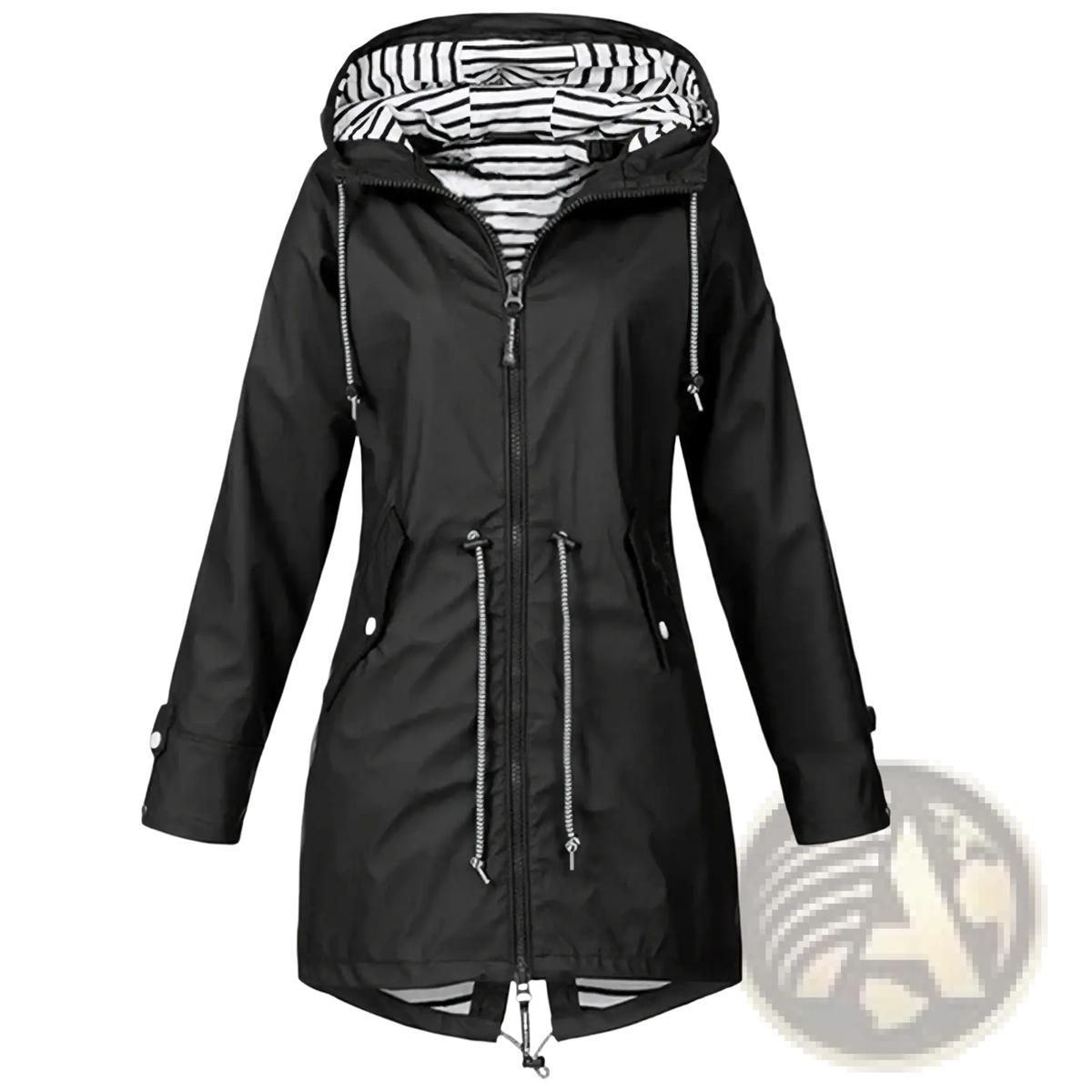 Women waterproof raincoat trench jacket in black with striped interior lining and silver zipper accents
