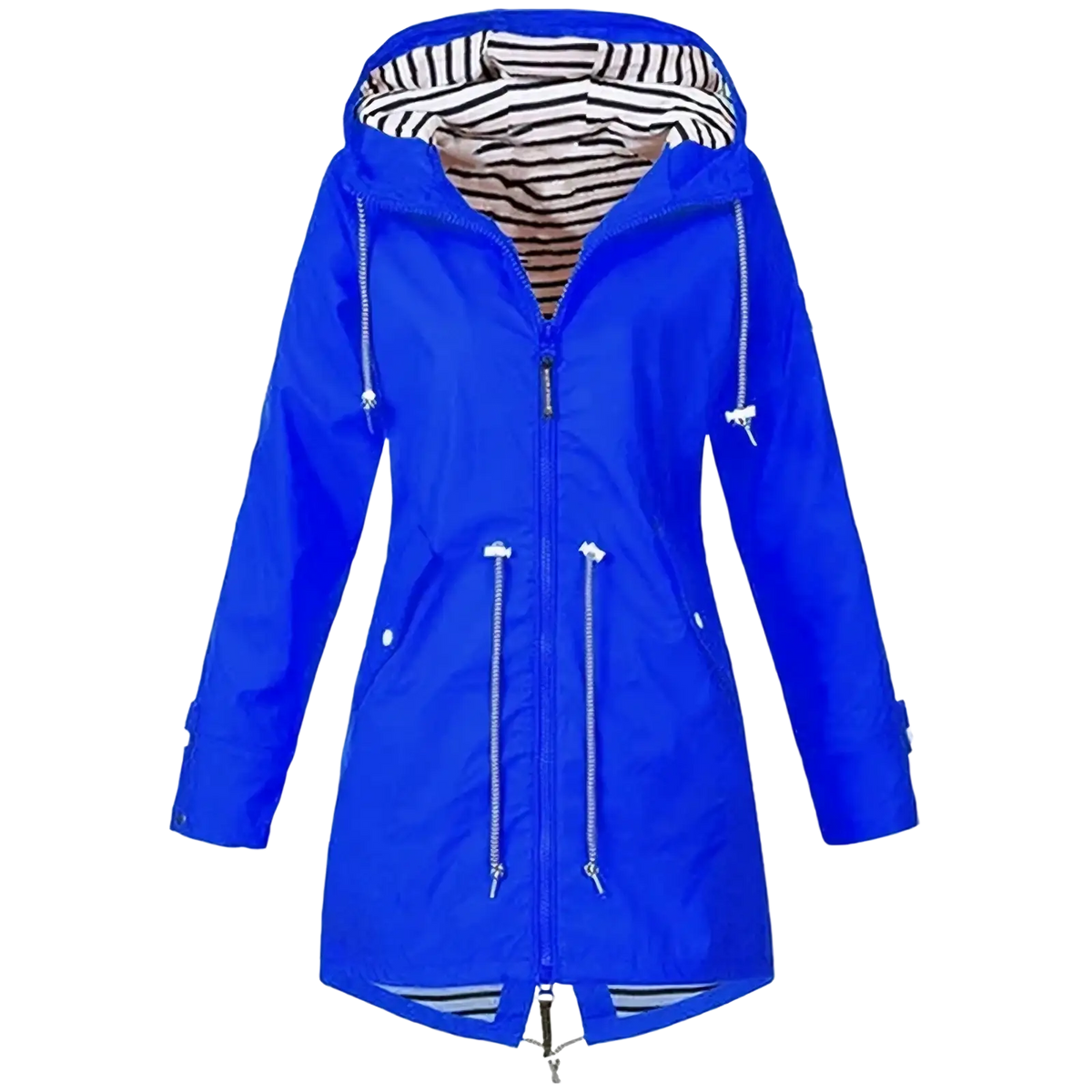 Women waterproof raincoat trench jacket in bright blue with striped hood lining and front zipper pockets