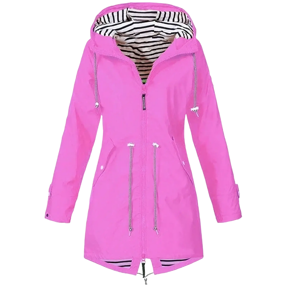Bright pink women waterproof raincoat trench jacket with striped hood lining and silver zipper accents