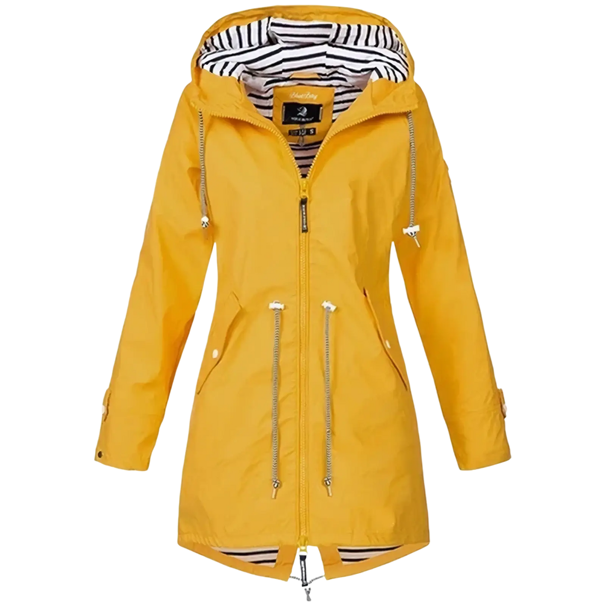 Women waterproof raincoat trench jacket in bright yellow with striped hood lining and front zipper pockets